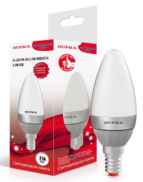 светодиодная лампа свеча Белый дневной  3.5W Supra SL-LED-PR-CN-3.5W/4000/E14 4160
