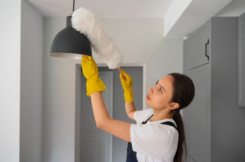 Девушка клинер протирает люстру