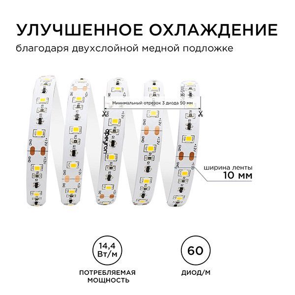 Светодиодная лента Белый теплый 2835 12V 14.4W/m 60Led/метр 00-115 PRO 10мм IP20 Светодиодная лента Белый теплый 2835 12V 14.4W/m 60Led/метр 00-115 PRO 10мм IP20