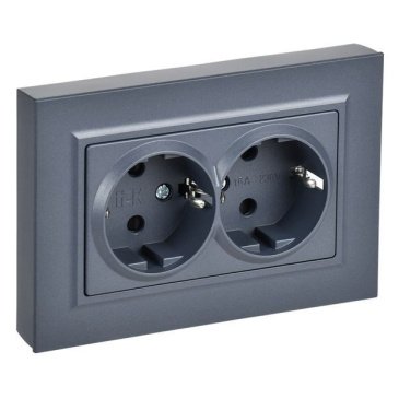 Штепсельная розетка встраиваемая двойная IEK BRITE 16А BR-R28-16-K35-F РСшПл12-3-БрМ с з/к и шторками в сборе плоская маренго