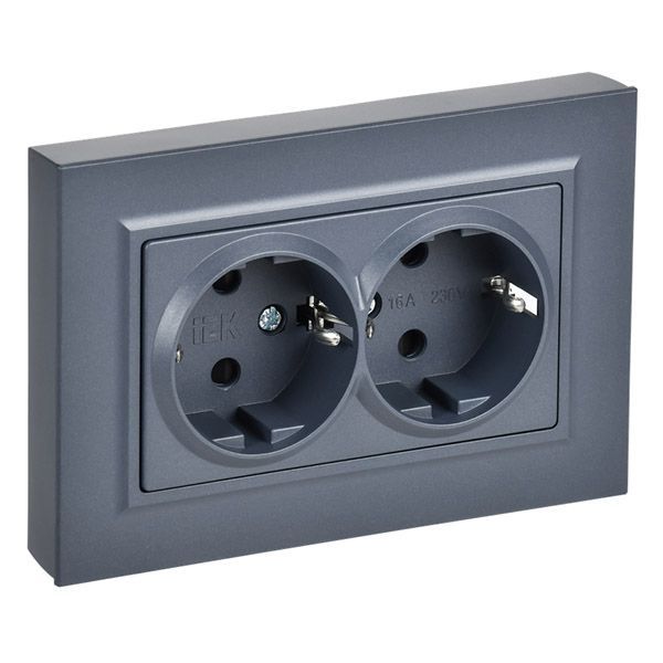 Штепсельная розетка встраиваемая двойная IEK BRITE 16А BR-R28-16-K35-F РСшПл12-3-БрМ с з/к и шторками в сборе плоская маренго