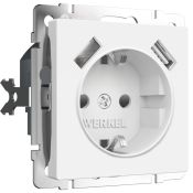 Штепсельная розетка встраиваемая WERKEL 16A 250V W1171561 с/з, шторками и USBx2 белый матовый