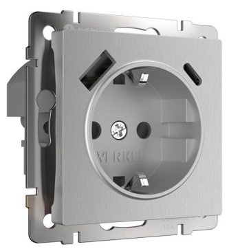 Штепсельная розетка встраиваемая WERKEL 16A 250V W1171709 с/з, шторками и USB тип A+C серебряный рифленый
