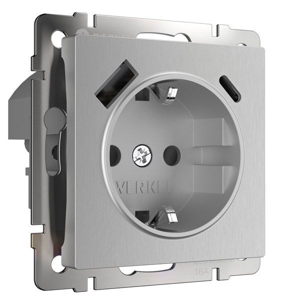 Штепсельная розетка встраиваемая WERKEL 16A 250V W1171709 с/з, шторками и USB тип A+C серебряный рифленый
