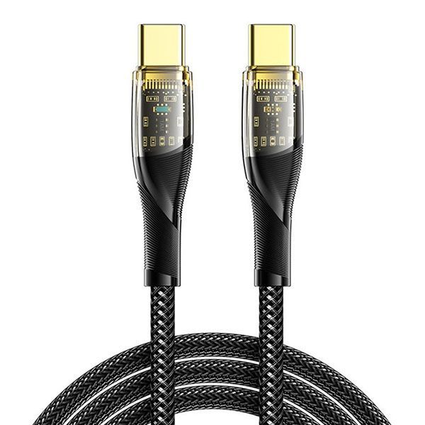 Кабель штекер Type-C - штекер Type-C  1.0М 5А в черной нейлоновой оплетке со световой индикацией