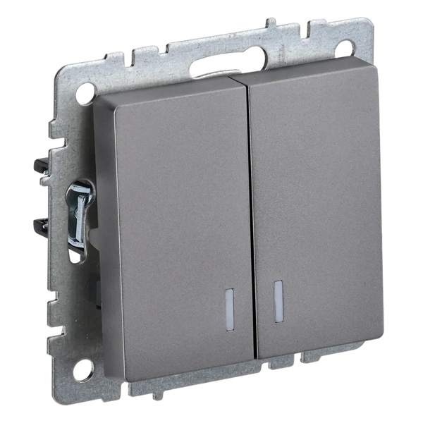 Выключатель встраиваемый двухклавишный с подсветкой IEK BRITE BR-V20-1-10-K46 ВС10-2-1-БрС сталь