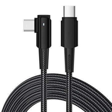 Кабель штекер Type-C - штекер Type-C  1.0М 5А 100W угловой черная нейлоновая оплетка и световая индикация