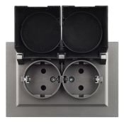 Штепсельная розетка встраиваемая двойная IEK BRITE 16А BR-R26-16-44-K46-F РСбш12-3-44-БрС с крышкой в сборе сталь IP44
