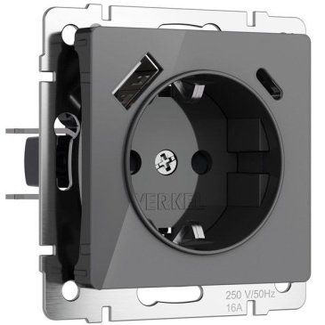 Штепсельная розетка встраиваемая WERKEL 16A 250V W1171744 с/з, шторками и USB тип A+C графит акрил