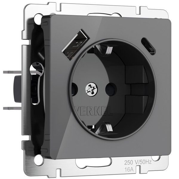 Штепсельная розетка встраиваемая WERKEL 16A 250V W1171744 с/з, шторками и USB тип A+C графит акрил