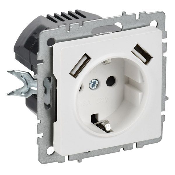 Штепсельная розетка встраиваемая IEK BRITE 16А BR-R14-16-U21-D21-K91 РЮш10-1-БрАБ с з/к и шторками с USB A+A 2,1А арктический белый