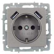 Штепсельная розетка встраиваемая IEK BRITE 16А BR-R14-16-U21-D31-K46 РЮш10-2-БрС с з/к и шторками с USB A+A 3,1А сталь