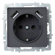 Штепсельная розетка встраиваемая IEK BRITE 16А BR-R14-16-U21-D31-K53 РЮш10-2-БрГ с з/к и шторками с USB A+A 3,1А графит