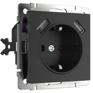 Штепсельная розетка встраиваемая WERKEL 16A 250V W1171508 с/з, шторками и USBx2 черный матовый