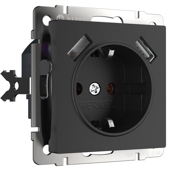 Штепсельная розетка встраиваемая WERKEL 16A 250V W1171508 с/з, шторками и USBx2 черный матовый