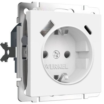 Штепсельная розетка встраиваемая WERKEL 16A 250V W1171761 с/з, шторками и USB тип A+C белый матовый