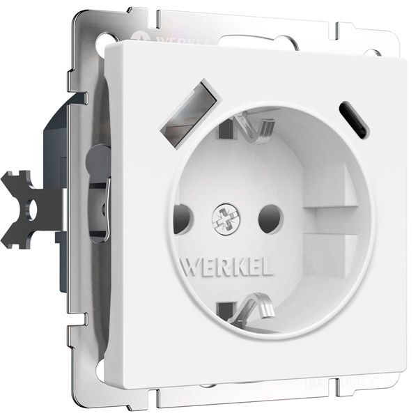 Штепсельная розетка встраиваемая WERKEL 16A 250V W1171761 с/з, шторками и USB тип A+C белый матовый
