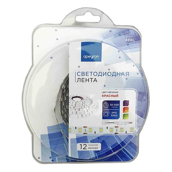 Светодиодная лента Красный 5050 12V 14.4W/m 60Led/метр 48BL Стандарт 10мм IP20 5м блистер Светодиодная лента Красный 5050 12V 14.4W/m 60Led/метр 48BL Стандарт 10мм IP20 5м блистер