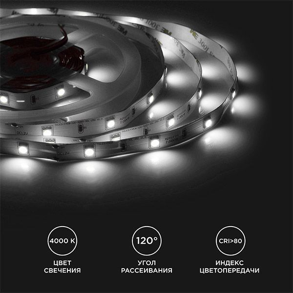Светодиодная лента Белый дневной 5050 12V  7.2W/m 30Led/метр 00-149 Стандарт 10мм IP20 Светодиодная лента Белый дневной 5050 12V  7.2W/m 30Led/метр 00-149 Стандарт 10мм IP20