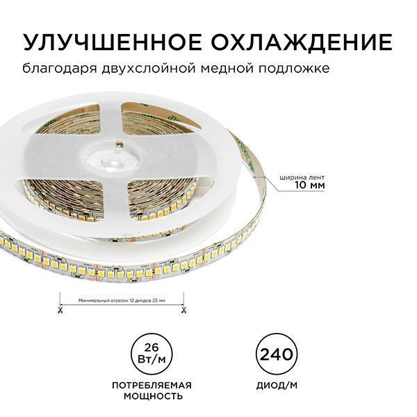 Светодиодная лента Белый теплый 2835 24V 26W/m 240Led/метр 00-303 PRO 10мм IP20 Светодиодная лента Белый теплый 2835 24V 26W/m 240Led/метр 00-303 PRO 10мм IP20