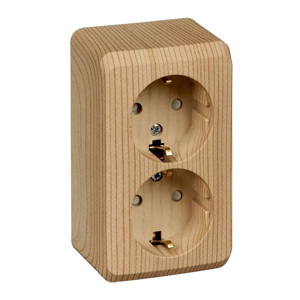 Штепсельная розетка двойная накладная ЭТЮД 16A 250V PA16-008D с/з со шторками сосна