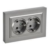 Штепсельная розетка встраиваемая двойная IEK BRITE 16А BR-R27-16-K46-F РСПл12-3-БрС с з/к без з/ш в сборе плоская сталь