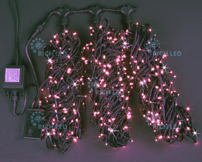гирлянда 3 нити  35W  Розовый RL-S3*20F-B/P, черный провод 3х20 м., 24V, 3х200 Led, IP54, мерцание
