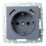 Штепсельная розетка встраиваемая IEK BRITE 16А BR-R14-16-U21-D21-K35 РЮш10-1-БрМ с з/к и шторками с USB A+A 2,1А маренго