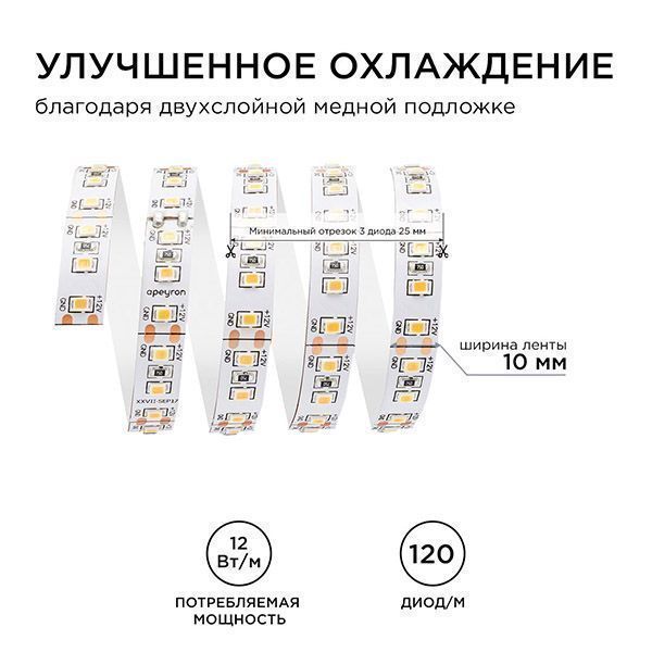 Светодиодная лента Белый теплый 2835 12V 12W/m 120Led/метр 00-118 Стандарт 10мм IP20 Светодиодная лента Белый теплый 2835 12V 12W/m 120Led/метр 00-118 Стандарт 10мм IP20