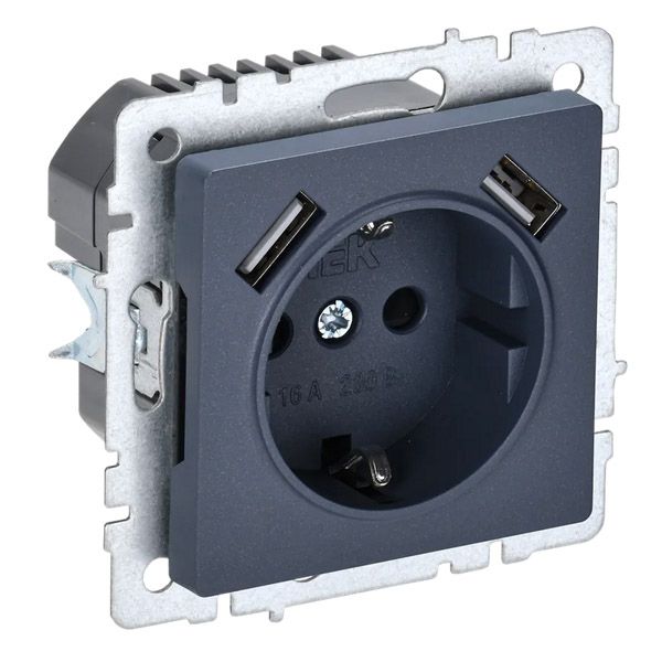 Штепсельная розетка встраиваемая IEK BRITE 16А BR-R14-16-U21-D21-K35 РЮш10-1-БрМ с з/к и шторками с USB A+A 2,1А маренго