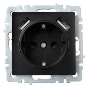 Штепсельная розетка встраиваемая IEK BRITE 16А BR-R14-16-U21-D21-K02 РЮш10-1-БрЧ с з/к и шторками 16А с USB A+A 2,1А черный