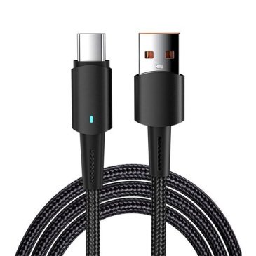 Кабель штекер USB A - штекер Type-C черный 1.0М 6А нейлон со световой индикацией