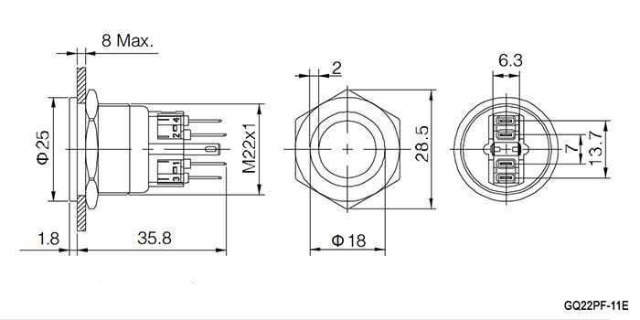 Кнопка M22 ON(OFF)+OFF(ON) GQ22-11E 5А/250V 6C IP65 антивандальная красная без фиксации