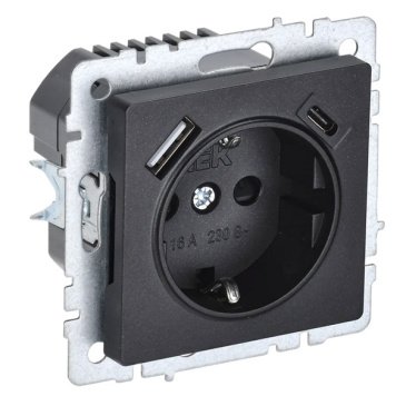 Штепсельная розетка встраиваемая IEK BRITE 16А BR-R14-16-U22-018-K02 РЮш11-1-БрЧ с з/к и шторками с USB A+C 18Вт черный