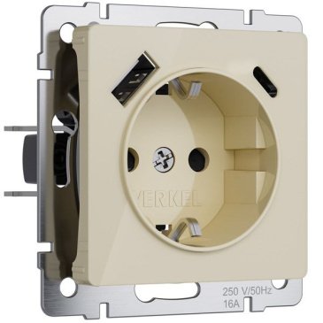 Штепсельная розетка встраиваемая WERKEL 16A 250V W1171743 с/з, шторками и USB тип A+C айвори акрил