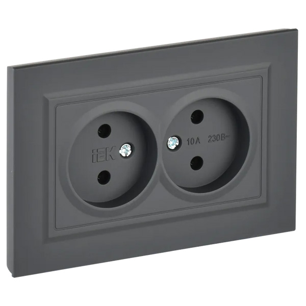 Штепсельная розетка встраиваемая двойная IEK BRITE 10А BR-R20-10-K53-F РС12-2-БрГ без з/к и шторками в сборе графит
