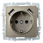 Штепсельная розетка встраиваемая IEK BRITE 16А BR-R14-16-U21-D21-K37 РЮш10-1-БрШ с з/к и шторками с USB A+A 2,1А шампань