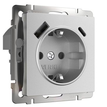 Штепсельная розетка встраиваемая WERKEL 16A 250V W1171765 с/з, шторками и USB тип A+C серебряный матовый