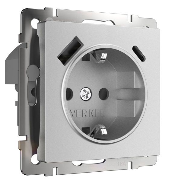Штепсельная розетка встраиваемая WERKEL 16A 250V W1171765 с/з, шторками и USB тип A+C серебряный матовый