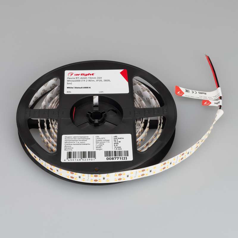 Светодиодная лента Белый 2835 24V 19.2W/m 240Led/метр 008771(2) RT-A240-15mm 6000K 2X2 LUX