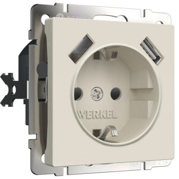 Штепсельная розетка встраиваемая WERKEL 16A 250V W1171562 с/з, шторками и USBx2 айвори матовый