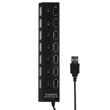 Разветвитель USB на 7 портов с выключателями, USB 2.0, черный
