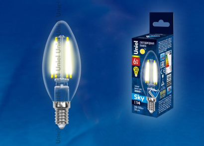 светодиодная лампа свеча Белый теплый  6W  LED-C35-6W/WW/E14/CL PLS02WH SKY