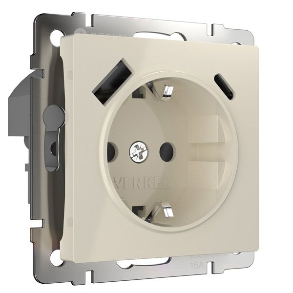 Штепсельная розетка встраиваемая WERKEL 16A 250V W1171703 с/з, шторками и USB тип A+C слоновая кость