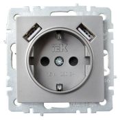 Штепсельная розетка встраиваемая IEK BRITE 16А BR-R14-16-U21-D21-K4 РЮш10-1-БрС с з/к и шторками с USB A+A 2,1А сталь