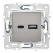 Розетка встраиваемая USB IEK SKANDY A+C 18Вт SK-U22-018-K50 SK-R13N металл никель