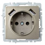 Штепсельная розетка встраиваемая IEK BRITE 16А BR-R14-16-U21-D31-K37 РЮш10-2-БрШ с з/к и шторками с USB A+A 3,1А шампань