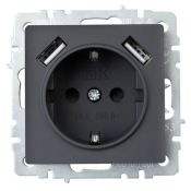 Штепсельная розетка встраиваемая IEK BRITE 16А BR-R14-16-U21-D21-K53 РЮш10-1-БрГ с з/к и шторками с USB A+A 2,1А графит