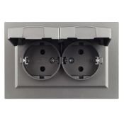 Штепсельная розетка встраиваемая двойная IEK BRITE 16А BR-R26-16-44-K46-F РСбш12-3-44-БрС с крышкой в сборе сталь IP44