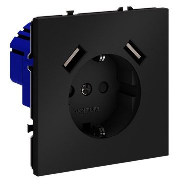 Розетка встраиваемая VOLTUM S70 с заземлением и защитными шторками 16А с USB A+A черный матовый